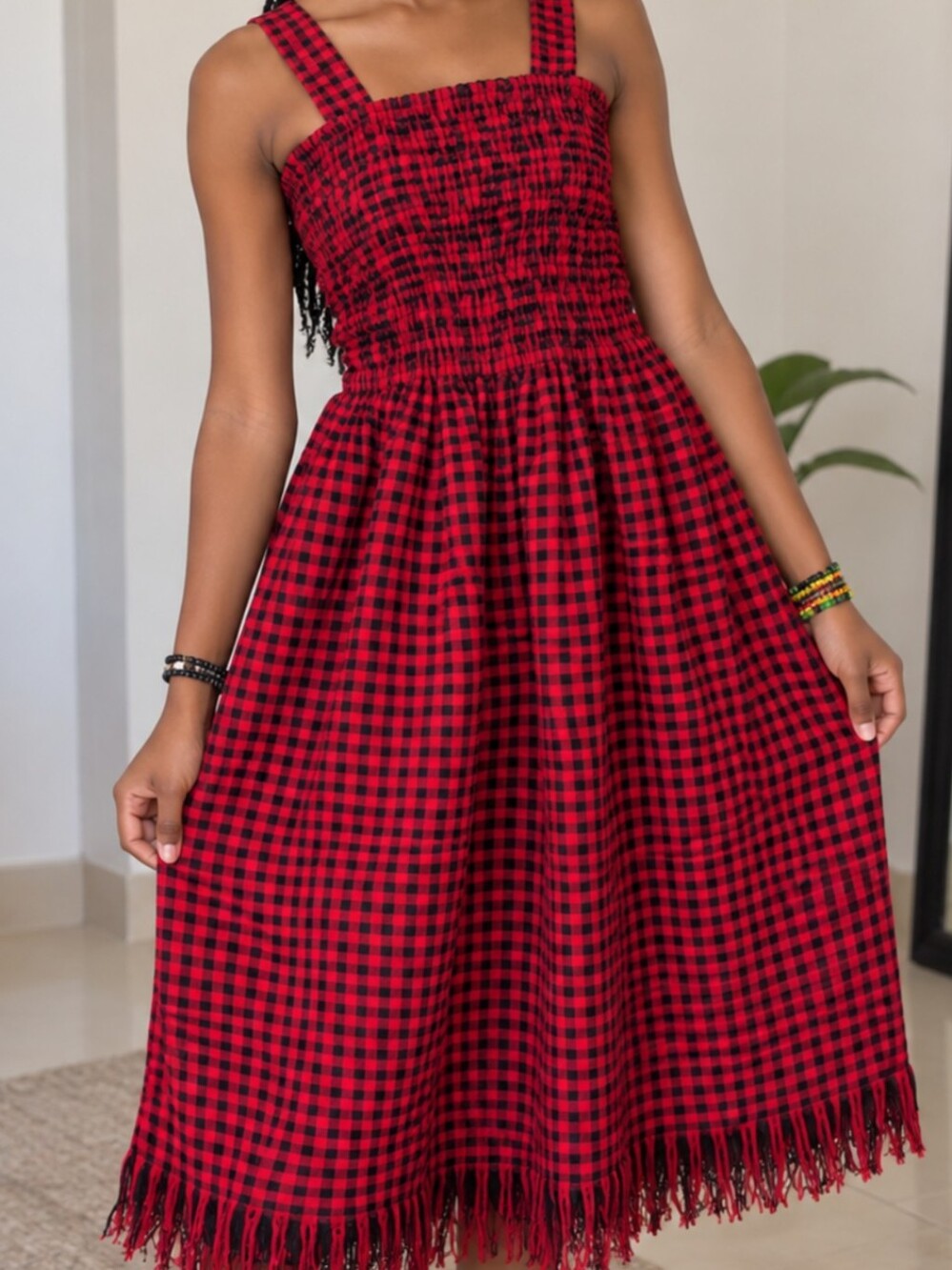 Handmade African Red & Black Check Girls Dress | Smocked | Ages 10–15